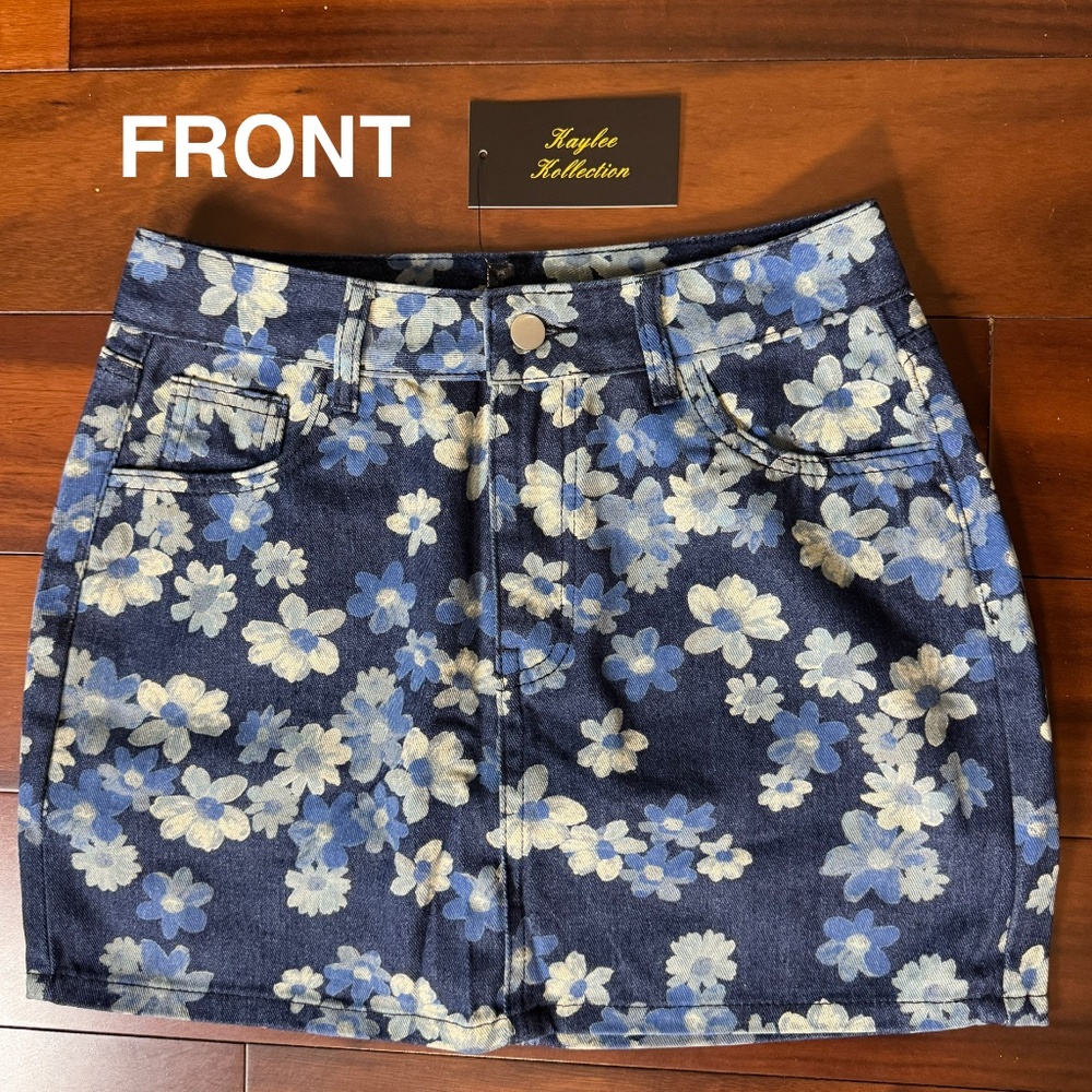 DARK WASH DENIM FLORAL SKIRT WITH SHORTS - Picture 5 of 9